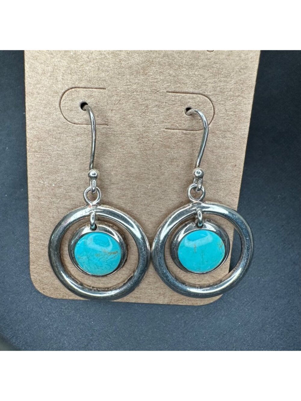 Sterling Silver Turquoise Round Concentric Dangle Hook Back Earrings Signed